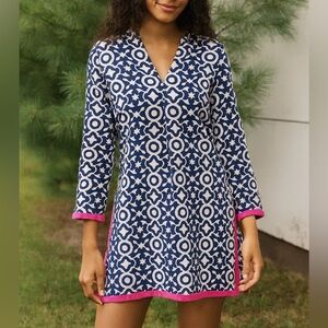 Roberta Roller Rabbit Navy Blue White Trellis Pink Trim Cotton Tunic Sz M